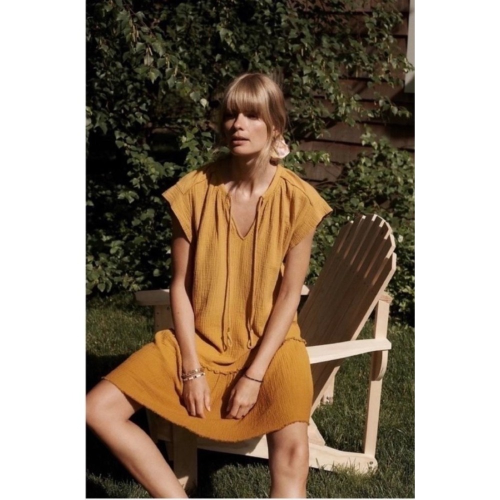 Anthropologie Saturday Sunday Mustard Yellow Gauze Tiered Shift Dress XS